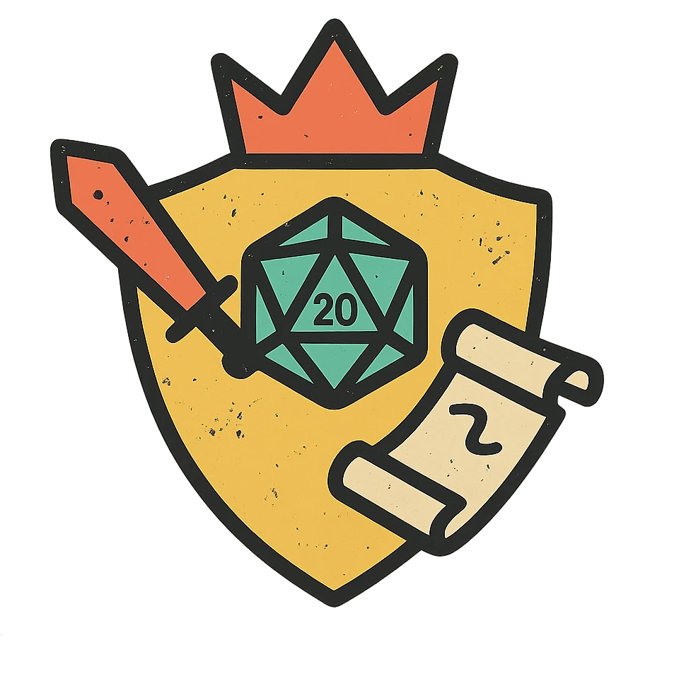 minimalist icon of a stylized shield or crown as an admin symbol with subtle DnD/RPG touches like dice, sword, or scroll, very worn and distressed effect emoji