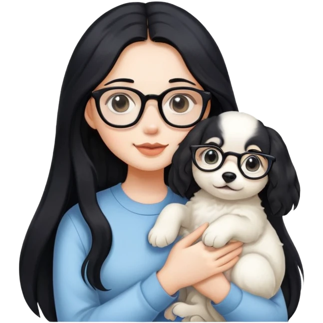 A beautiful girl with long black hair and glasses is holding a long-haired white puppy emoji