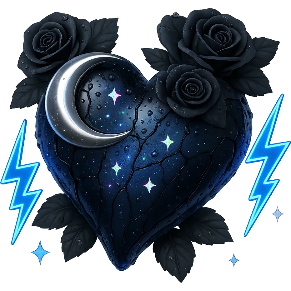 Edit the image to depict a dark blue glass gothic heart with a silver crescent, midnight roses, holographic sparkles, neon lightning bolts, drenched and cracked glass texture. The style should resemble 3D emoji style. Remove the background. emoji