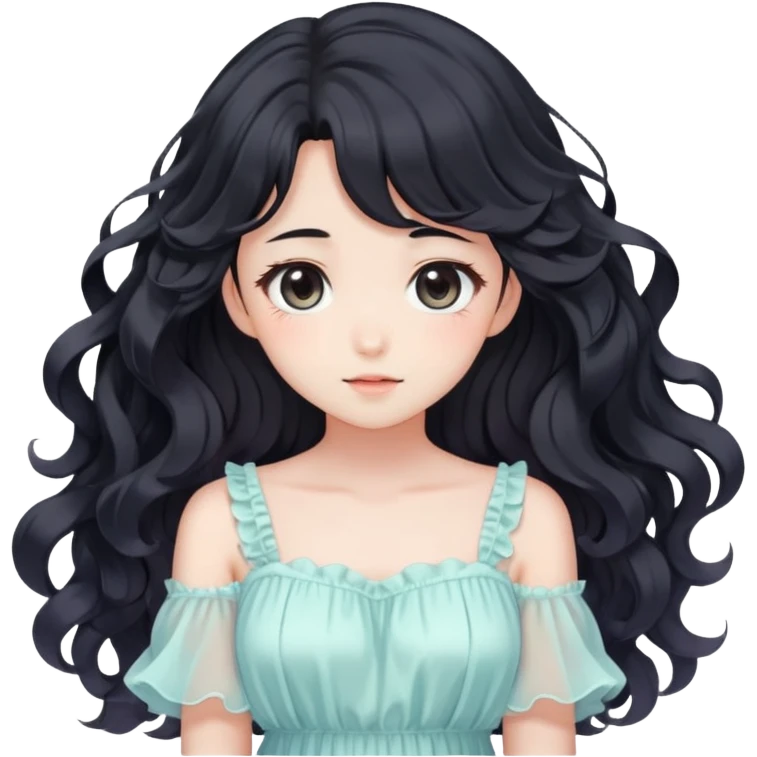 Pretty anime girl with flowing black wavy hair and a soft delicate pastel dress, kawaii style emoji