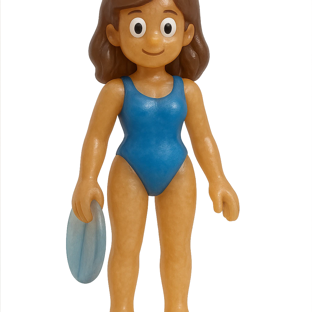 Edit the beach girl figure to have a blue swimsuit instead of pink. Maintain the style of a full-body, retro 90's toy with very transparent and slightly see-through appearance, natural tan skin, brown hair, blue swimsuit, large white eyeballs with small black pupils, soft plastic texture, soft reflections, soft and squishy feel, some cloudiness, not shiny, highly detailed and appealing. No tag and no background. emoji