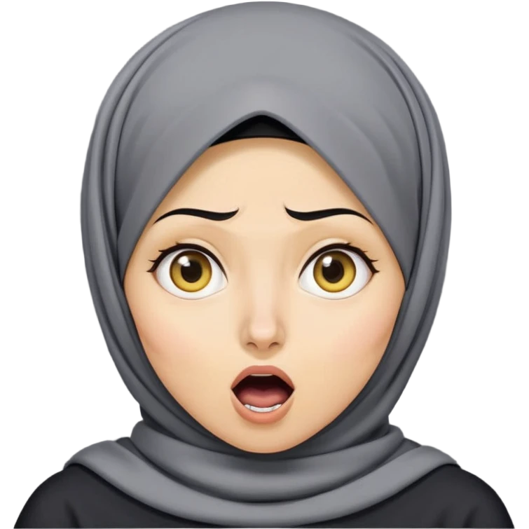người phụ nữ 30 tuổi, da vàng, đội khăn hijab, tóc ngắn màu đen, mặt biểu cảm ngạc nhiên, mồm mở rộng hình chữ O, áo màu xám đậm emoji