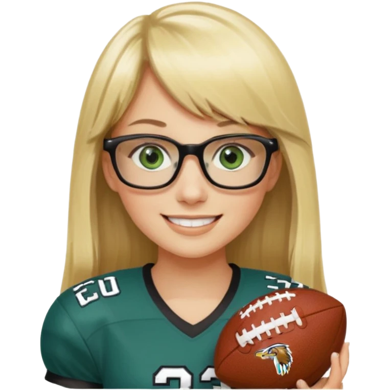 long blonde hair with bangs small black rectangle glasses female green eyes football player wearing eagles jersey number 33 holding football emoji