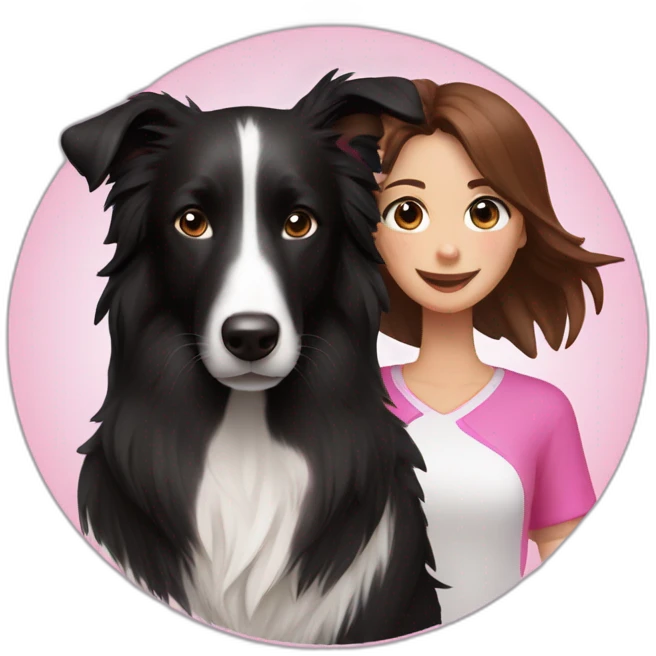 black border collie and woman with long brown hair with pink ends emoji
