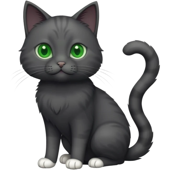 full body gorgeous solid dark grey cat with green eyes, white paws playing emoji