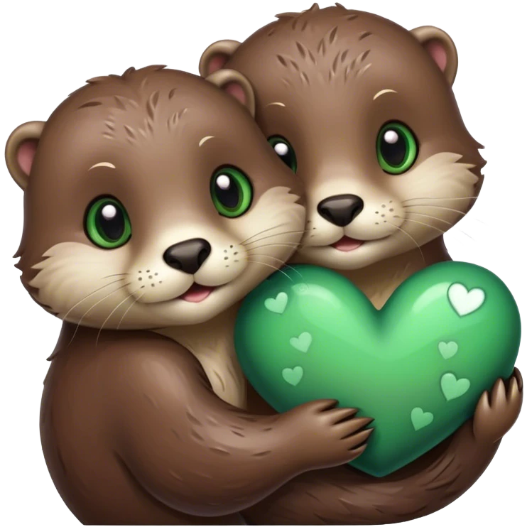 Otter with green eyes and an otter with brown eyes hugging with a heart  emoji