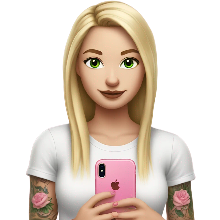 Realistic White girl with Long straight blonde hair, green eyes, tattoos, full body wearing white crop top, holding pink iphone emoji