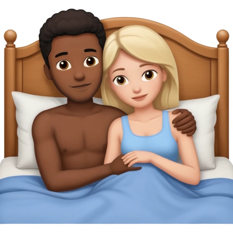 Black man and white woman naked. In bed having sex emoji