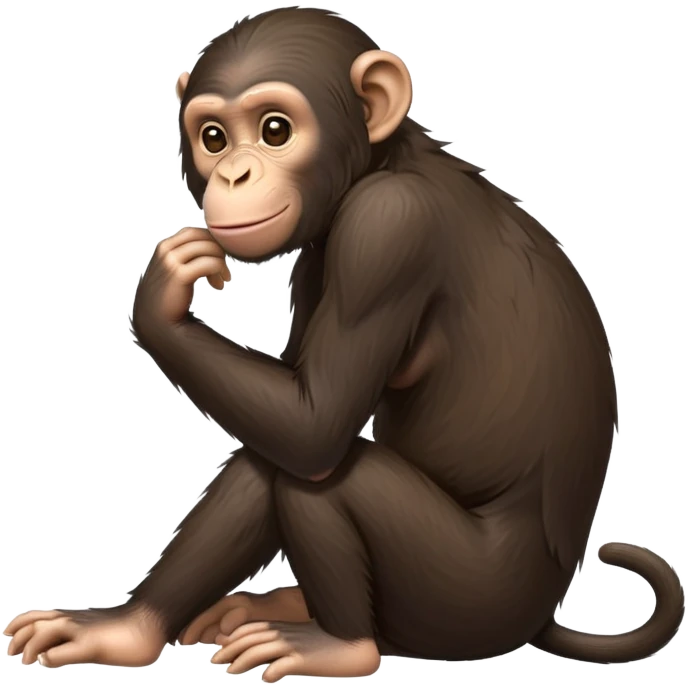 cinematic- cute friendly chimpanzee-realistic-full-body-sitting relaxed, side view -emoji,-lean-and-agile-frame-relaxed-on-the-ground,-long-arms-resting-lightly,-head-tilted-curiously,-coarse-dark-brown-fur,-expressive-deep-set-eyes,-simplified-yet-realistic emoji