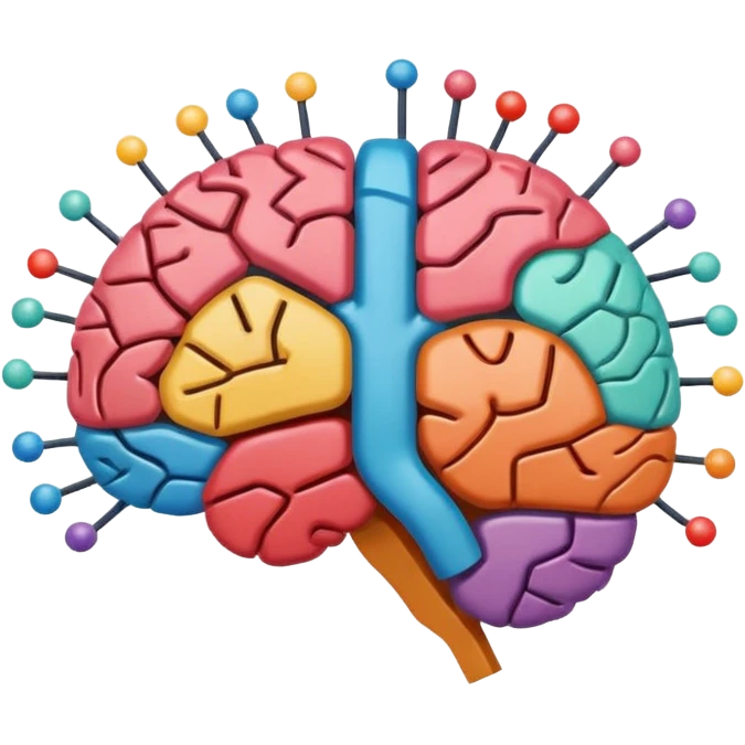 Stylized brain illustration with YouTube logo elements integrated, neural network nodes forming play button shape, digital art style, vibrant color palette, professional icon design, square format emoji