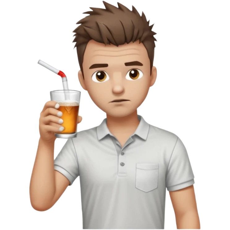 Handsome male.short messy brown hair.mowhawk hairstyle. wearing white golf shirt.grey shorts. Drinking shooter . Drunk. Remove straw emoji