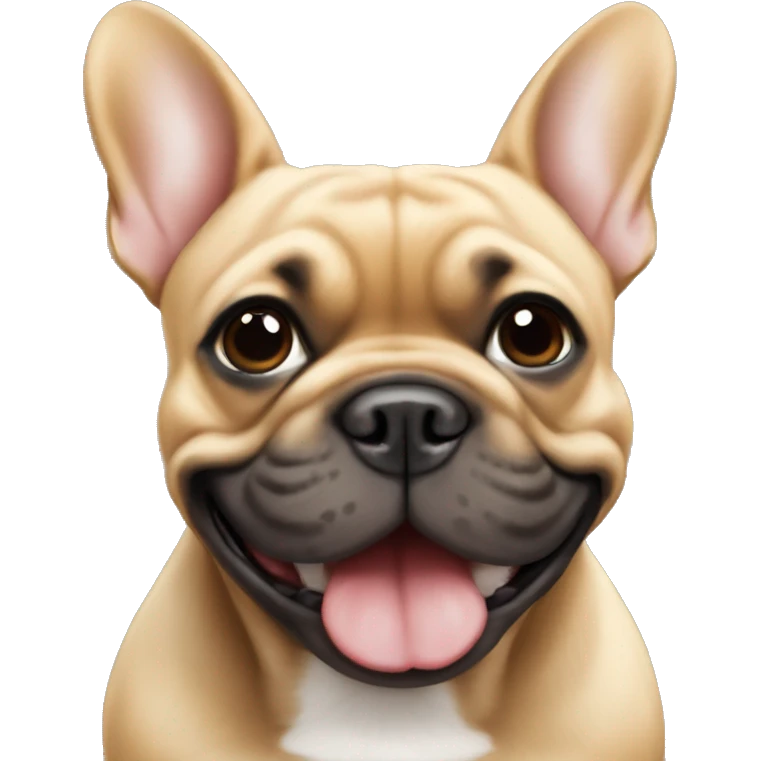 Black and tan (light brown) colored French bulldog smiling emoji