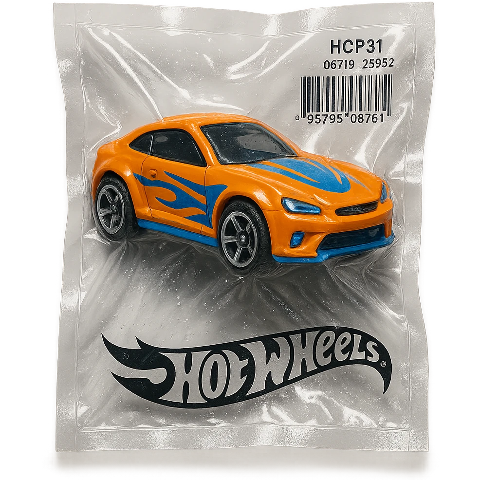 Hot Wheels toy car, bright colors, glossy, vacuum-sealed style emoji