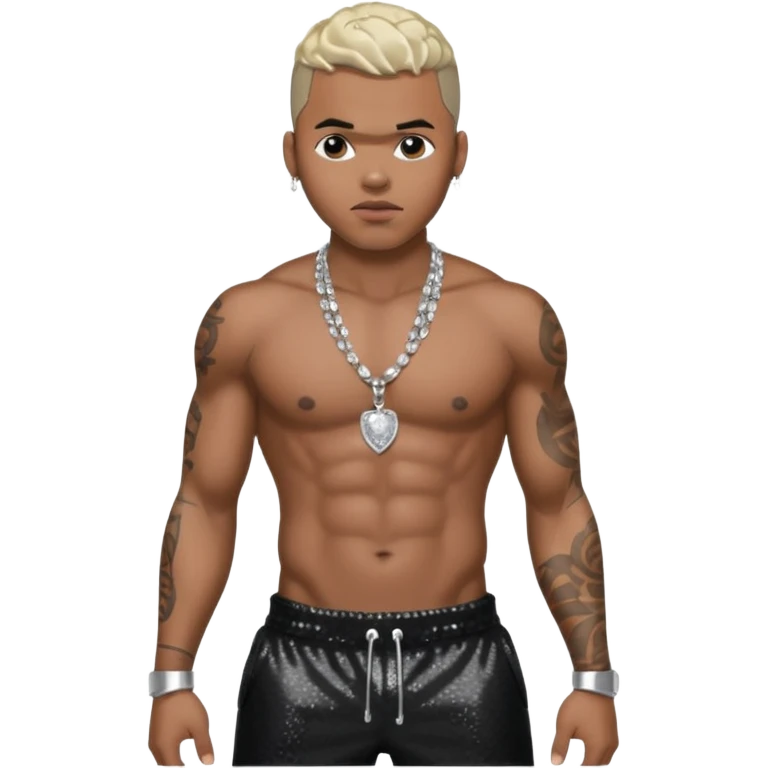Chris Brown with black sequin baggy pants, shirtless with necklace emoji