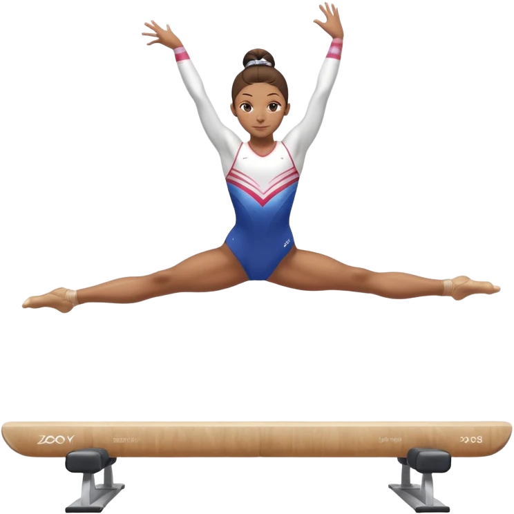 A gymnast performing a flawless routine on the balance beam, showcasing strength and grace. The scene captures the precise, elegant movement with perfect balance and form. The background features a gymnastics arena with vibrant lighting and cheering crowds, emphasizing athleticism and poise. emoji
