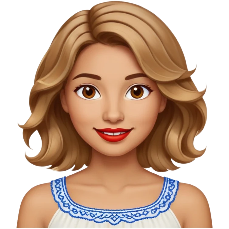 Enthusiastic woman with healthy glowing skin, round cheeks, warm smile, expressive light brown eyes, red lipstick, wavy dark blonde shoulder-length hair with highlights, summery white top with blue embroidery and electric blue neckline emoji