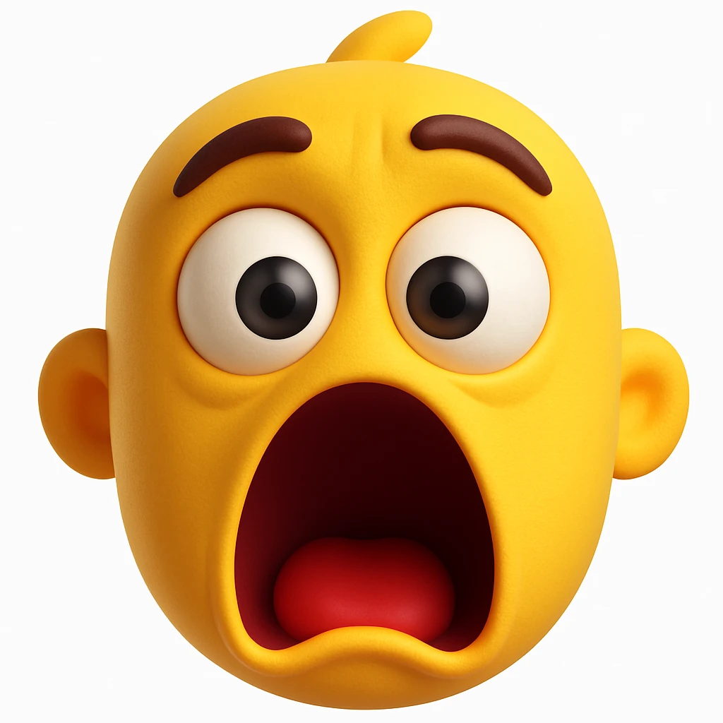 Make the surprised face emoji much more dramatic, with wide open mouth, raised eyebrows, and exaggerated eyes, in the style of Microsoft 3D fluent emojis (3D Emoji style). emoji