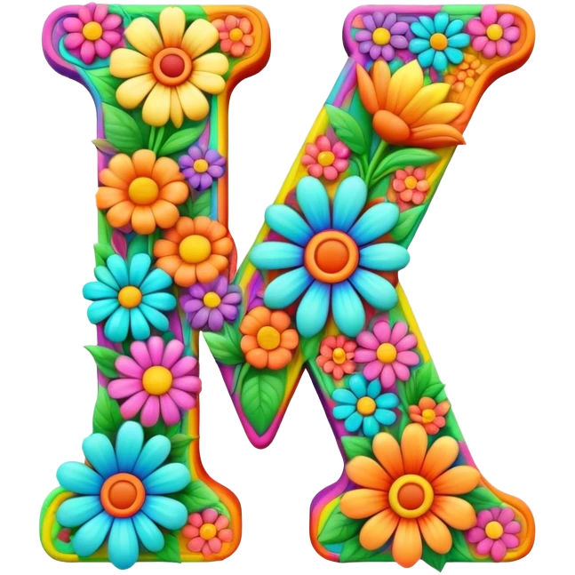 3D, gothic style psychedelic colored Letter V with hippie style flower border emoji
