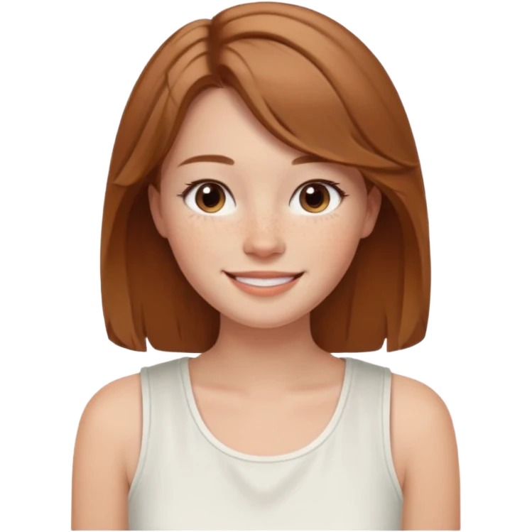 emoji of a woman named Freya McOmish, smiling, light brown hair, subtle freckles, modern casual style, wearing a white sleeveless top emoji