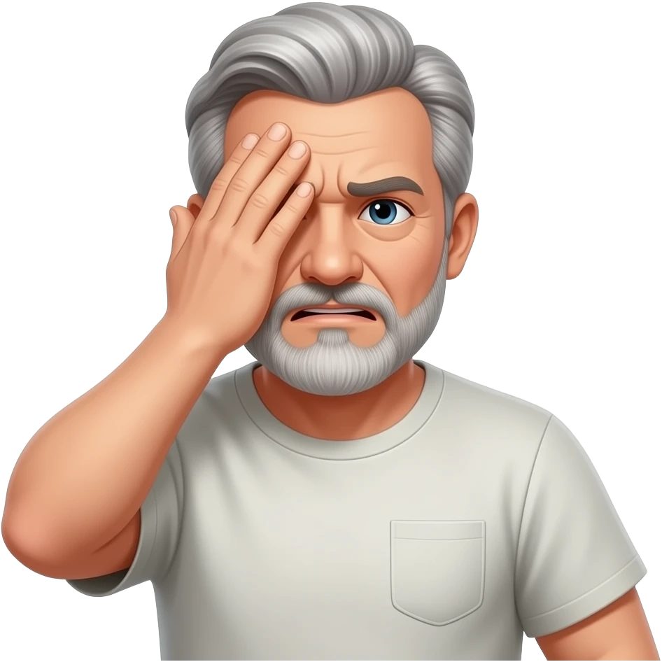 60 year man with goatee with hand over face frustrated sleeve less grey hair tee shirt emoji