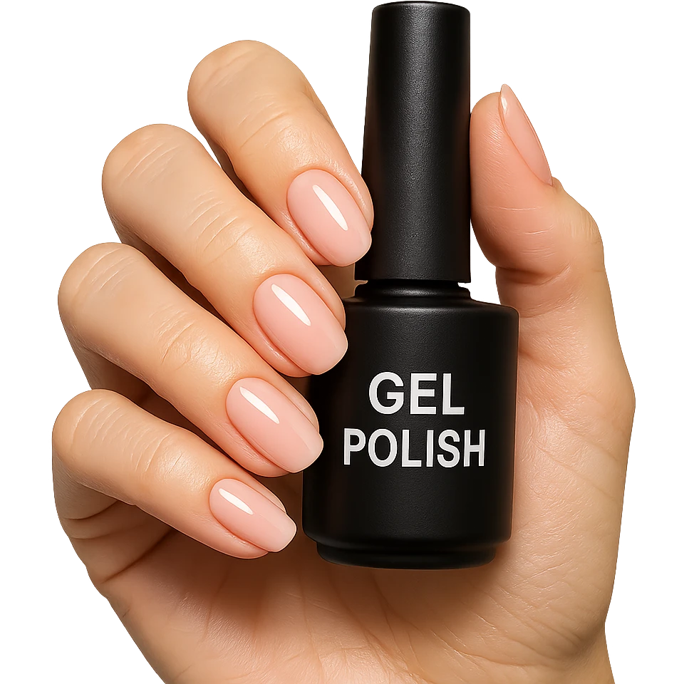 nail polish gel bottle with hand showing glossy nails, beauty theme emoji