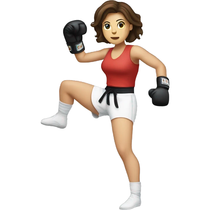Brunette white Woman kickboxing with a cast on her lag emoji