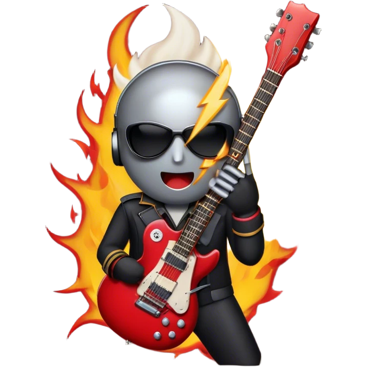 Create a bold and dynamic emoji representing rock vocal performance in a humanless collage. The design should feature a vintage microphone at the center, surrounded by key rock elements like an electric guitar, drumsticks, and a guitar pick. Include symbols of energy, such as lightning bolts or flames, and subtle musical notes or sound waves to evoke the raw power of rock vocals. Use dark, bold colors like black, silver, and red, with hints of chrome or metallic accents to convey the edgy, rebellious spirit of rock music. The background should be transparent. emoji