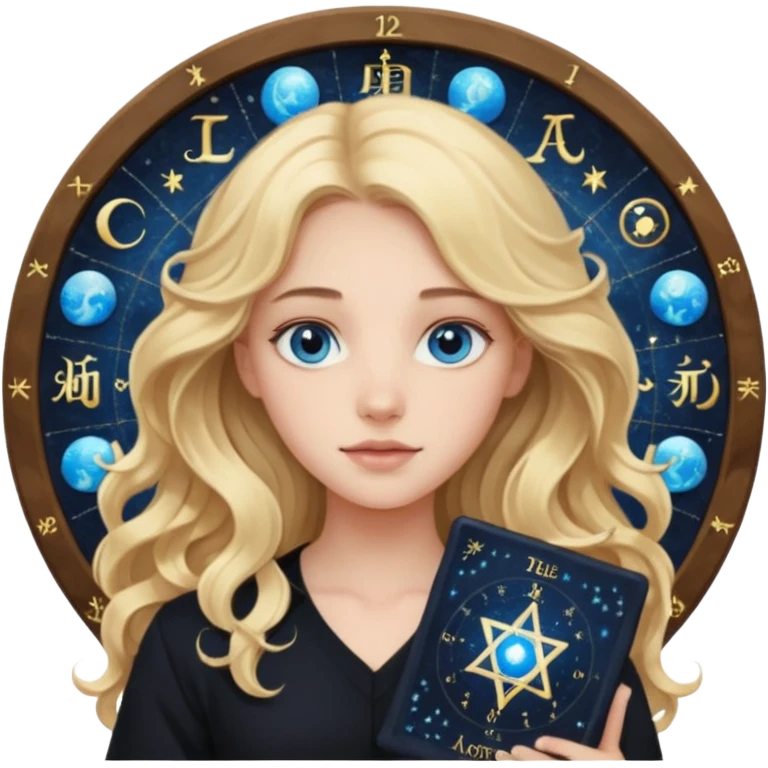 A long wavy haired blonde girl with blue eyes, wearing black, holding astrology natal chart. emoji