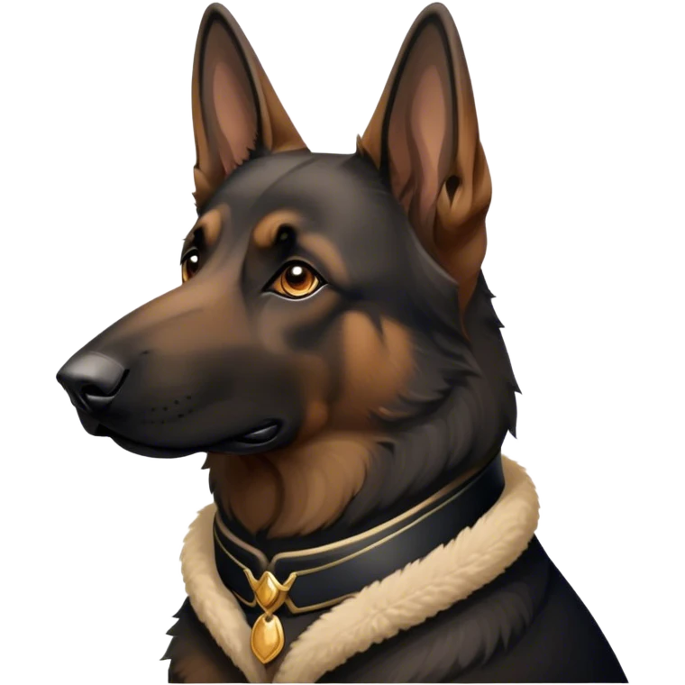 Cinematic Noble Tan/Black German Shepherd Portrait Emoji, Poised and regal, with a strong, athletic build and a dense, well-groomed coat in rich tan accented by a classic black saddle, deep-set soulful brown eyes, Simplified yet sharp and sophisticated features, highly detailed, glowing with a soft, dignified glow, high shine, intelligent and loyal, stylized with an air of authority, focused and attentive, soft glowing outline, capturing the essence of a watchful and commanding guardian, so majestic it feels as though it could stride out of the screen with effortless authority! emoji
