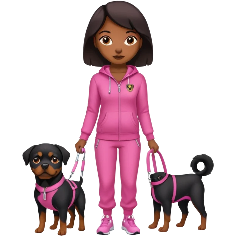 Rottweiler on leash by African American woman in all pink track suit emoji
