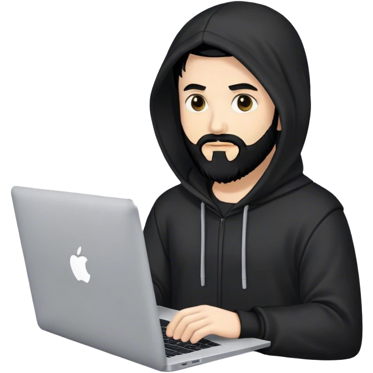 hackeur blanc cheveux noir barbe et capuche noir avec un macbook emoji