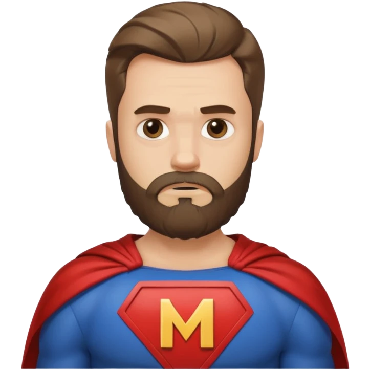 бородатый мужчина в костюме супер героя с буквой М на груди грустит emoji