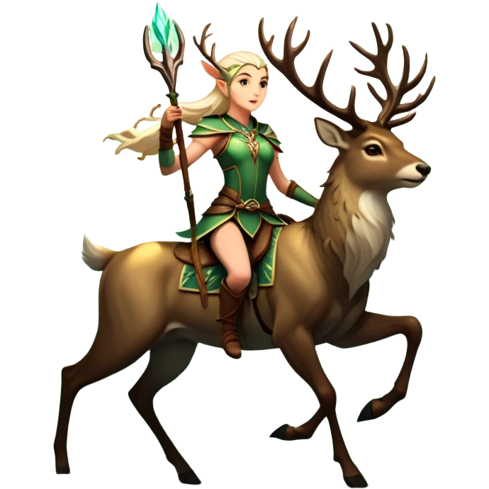 An icon representing an adventure game, inspired by high-fantasy RPGs. The design features a swift and agile elven ranger riding a majestic stag through an ancient forest, its antlers glowing faintly with mystical energy. Sunlight filters through towering trees, creating a sense of mystery, nature, and adventure. Transparent background. emoji