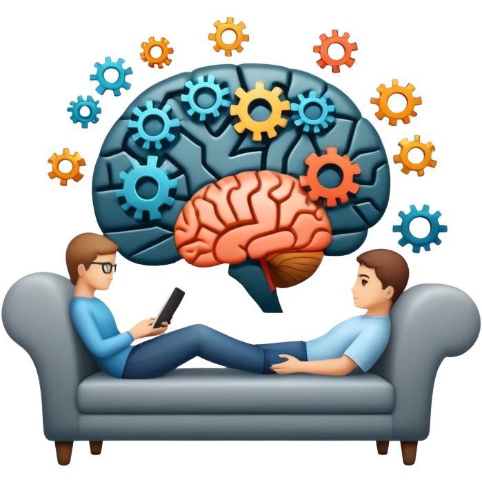 An icon featuring a brain with gears, a mind map, and a therapy couch, symbolizing psychology. The design includes a set of mental health tools and a silhouette of a person in deep thought, representing understanding the human mind. Transparent background emoji