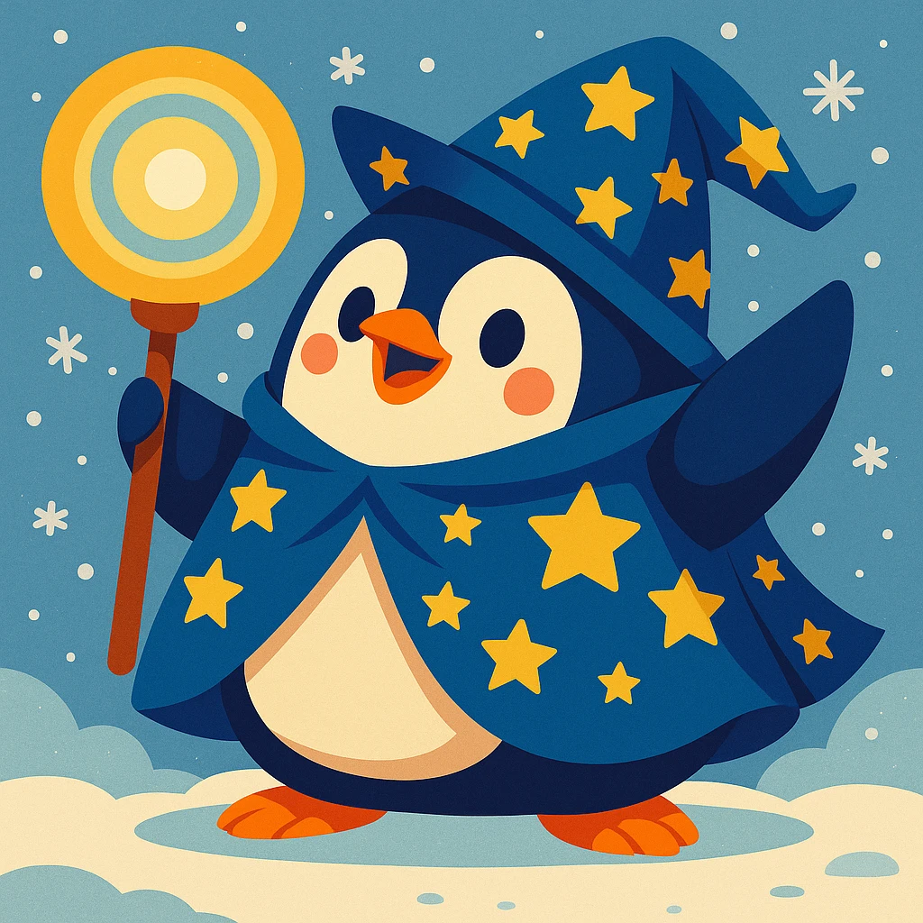 Add a snowy background to the chubby penguin wizard with a starry cloak and glowing orb, keeping the colorful and playful vibrant toon style. emoji