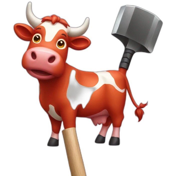 red cow waving both pan and inflatable hammer emoji
