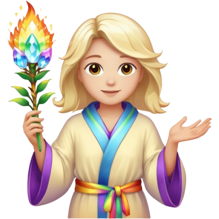 a being made of light of light with a robe on made of light and who is lanky holding a bouquet of crystal flowers on rainbow fire emoji