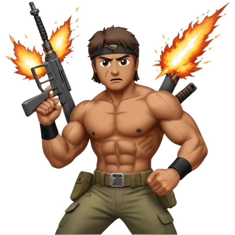 Icon for Action Movies: Rambo in the lead role, in an intense action pose with weapons, explosions, and dramatic background. The design should evoke the classic action movie feel with muscle-bound heroes and high-energy sequences. Transparent background. emoji