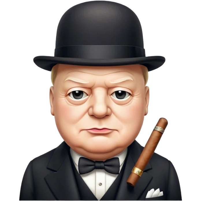 Cinematic Realistic Winston Churchill Portrait Emoji, depicted as a resolute British statesman with a signature bowler hat and a cigar, exuding determined leadership and wartime valor, rendered with lifelike textures and dramatic vintage lighting that captures his iconic British spirit. emoji