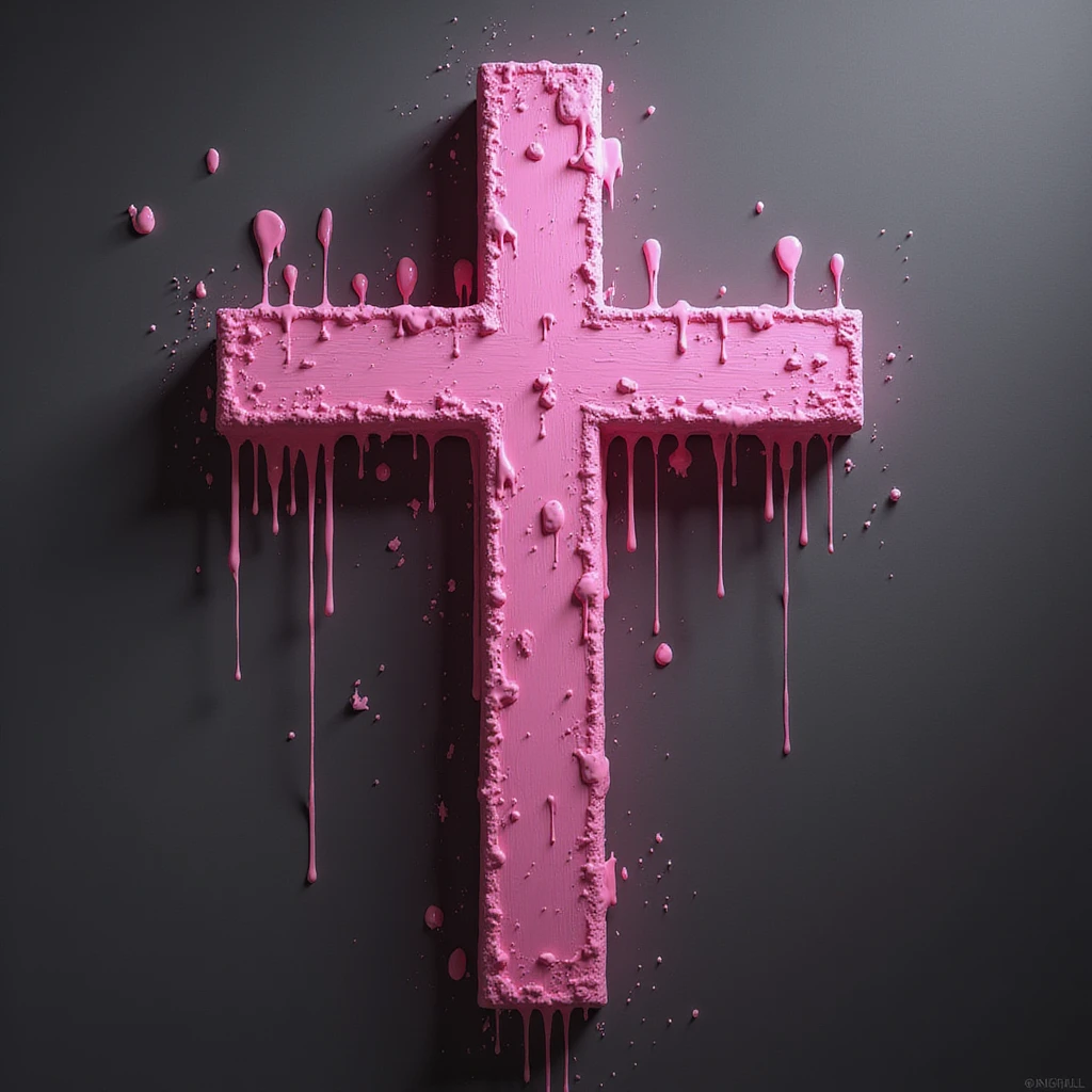 realistic gothic cross, pink with dripping paint effect, photorealistic style, no background emoji