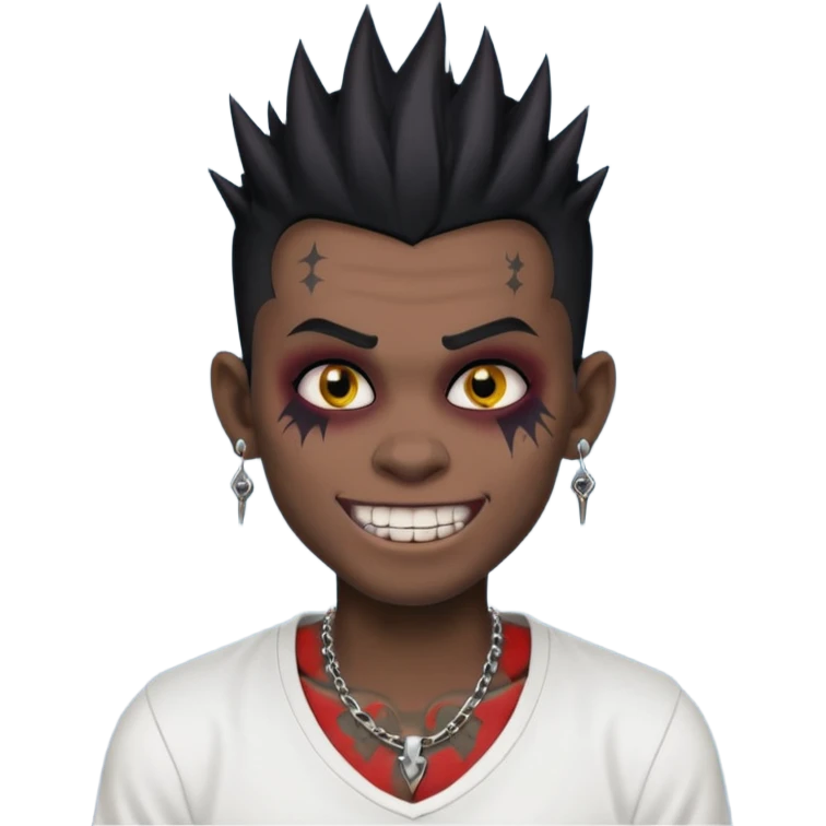 zombie boy with spiky emo black hair and white shirt , tattos, a risk on the eyebrow, earings,  a necklace emoji, with grills in his mouth and he’s smiling, change skin color to darkskin emoji