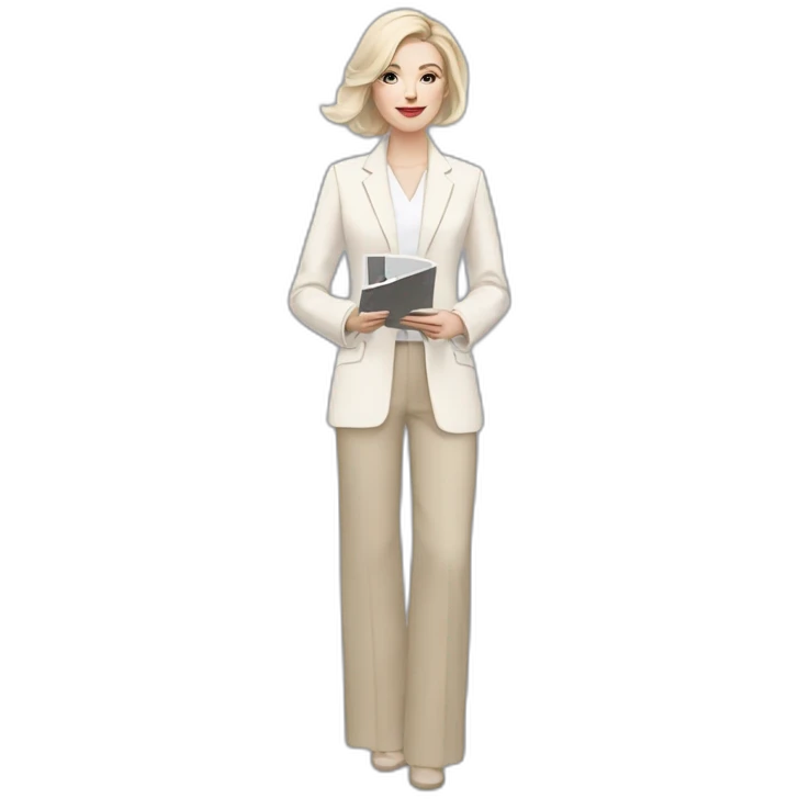 pale skin woman with ash blonde Straightened bob Hair, White Spacious classical jacket, beige palazzo Arrow pants and gray blouse holding a color palette in the hands emoji