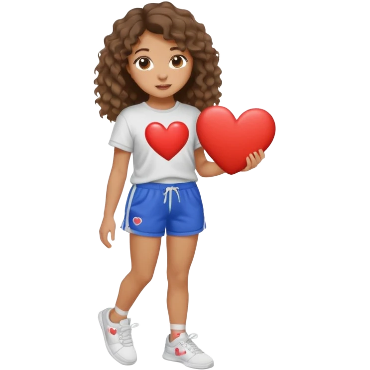 A girl with wavy but slightly curly hair wearing sweatshorts and a shirt and cute sneakers and their skin color is tan but not so tan with slightly long lashes holding a heart and the heart says “i 🤍 you” emoji
