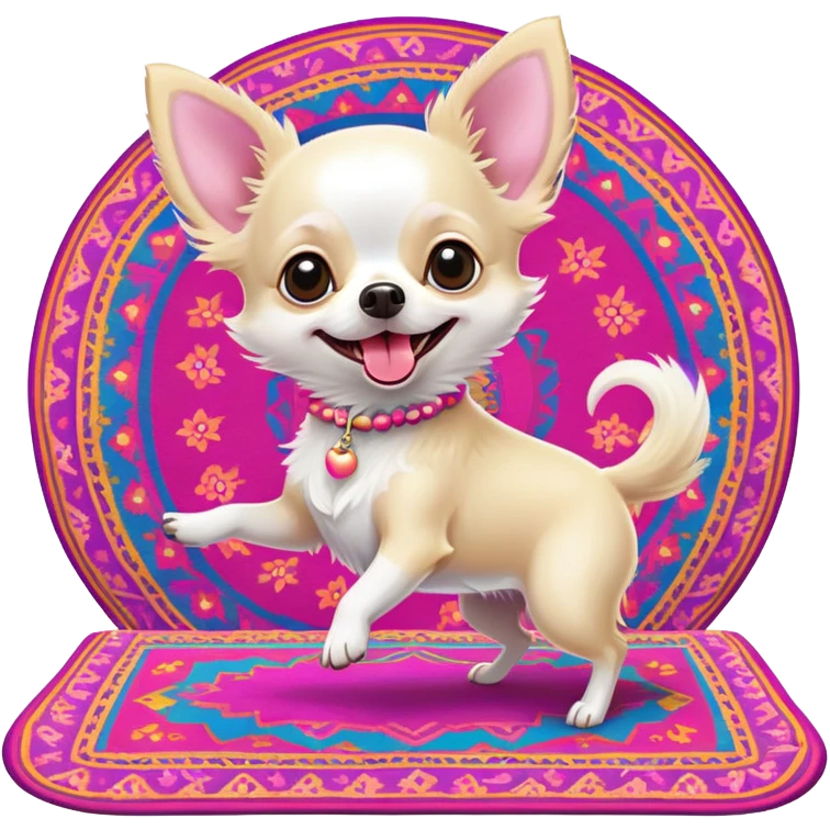 Wonderful white hairy chihuahua with pale pink tongue out, dancing on a colourful flying carpet emoji