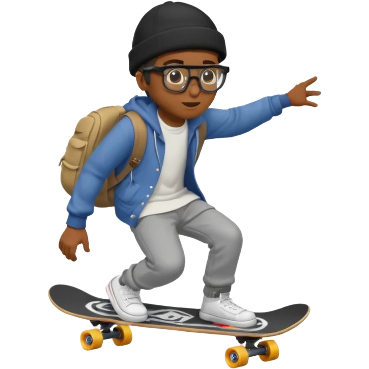 a light black guy with a beanie , tecno glasses . dressed baggy and tecno going on the skateboard  emoji