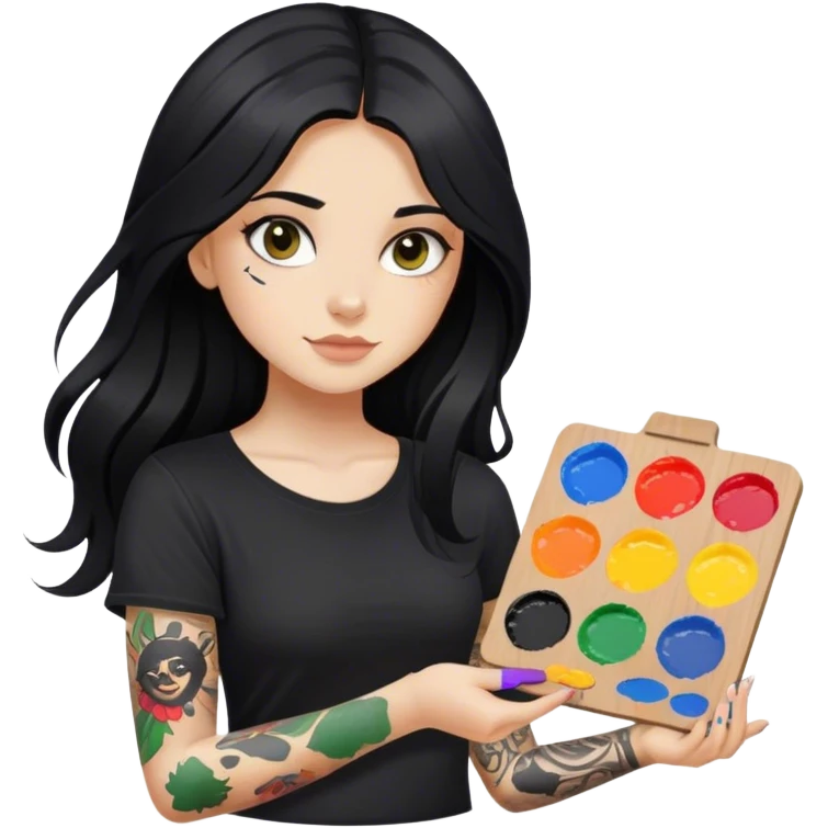 A girl with long black hair  light complexion and hazel eyes and black tattoos on right arm holding a paint palette  wearing black shirt emoji