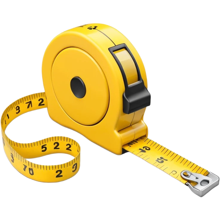 A 3D emoji-style yellow measuring tape, rolled in a spiral with black markings, realistic light and shadow, minimalistic background, vector-like clean design. emoji