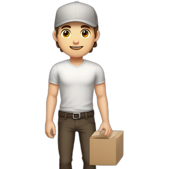 Pale skinned fit Man with dark brown hair in a light gray cap, dark brown jeans, brown polo and white T-shirt keeping a pasted with tape white box into his hands emoji