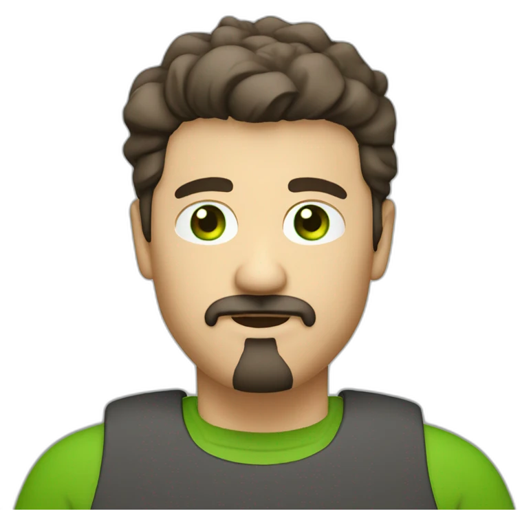 fat middle aged developer short dark brown graying hair goatee with green eyes emoji