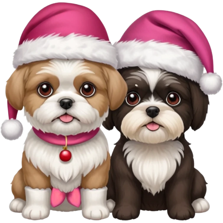 two dogs one little white all over shih tzu dog with pink santa hat and one mostly white with black havanese dog wearing a red santa hat emoji